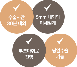수술시간 30분 내외 / 5mm 내외의 미세절개 / 부분마취로 진행 / 당일수술 가능